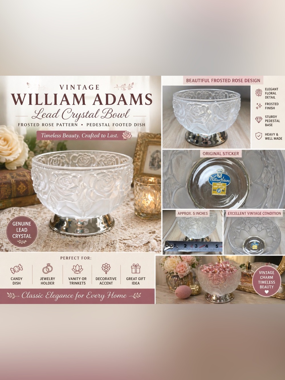 Vintage William Adams Lead Crystal Bowl Frosted Rose Pattern Pedestal Footed